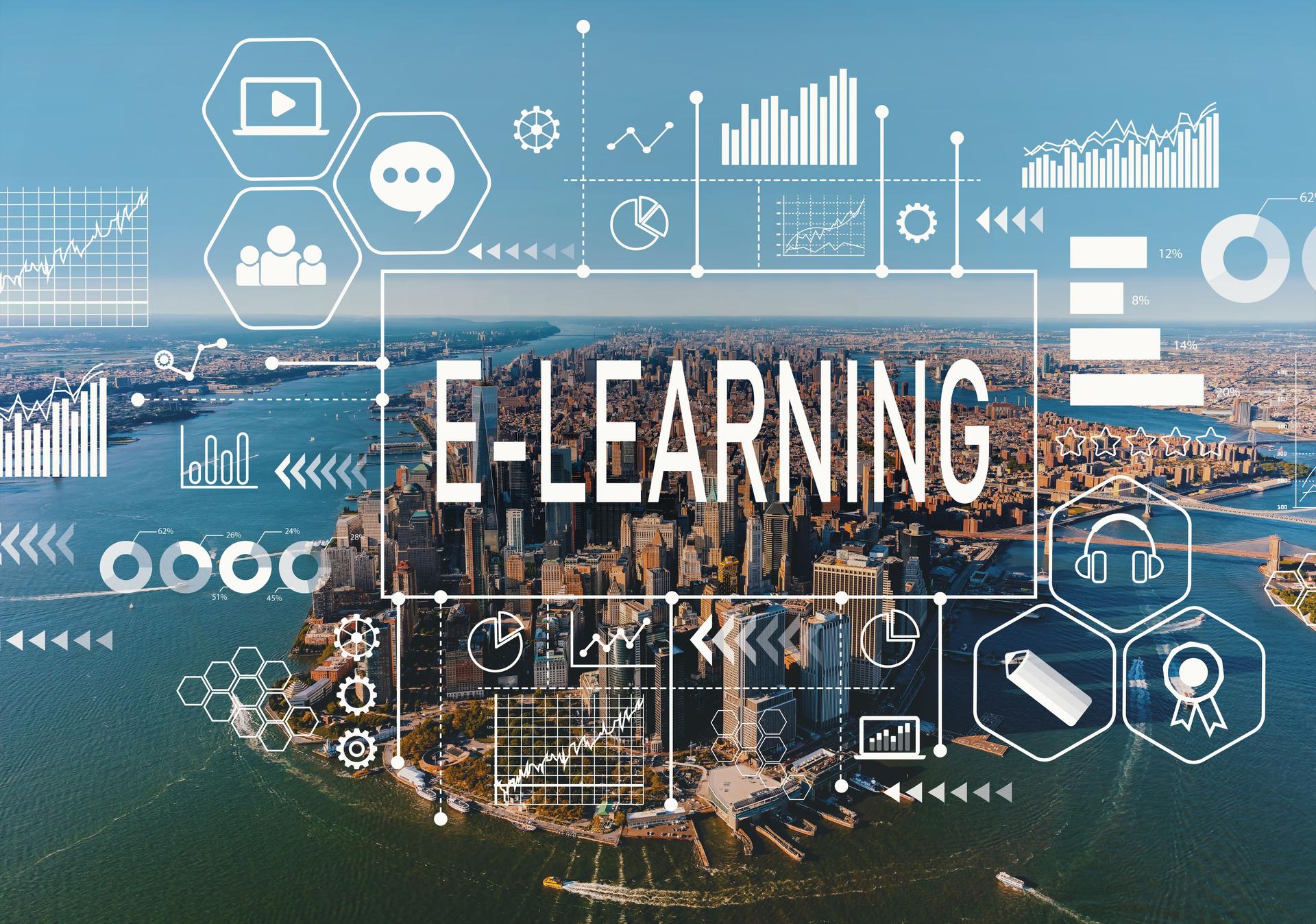 E-Learning with aerial view of NY skyline