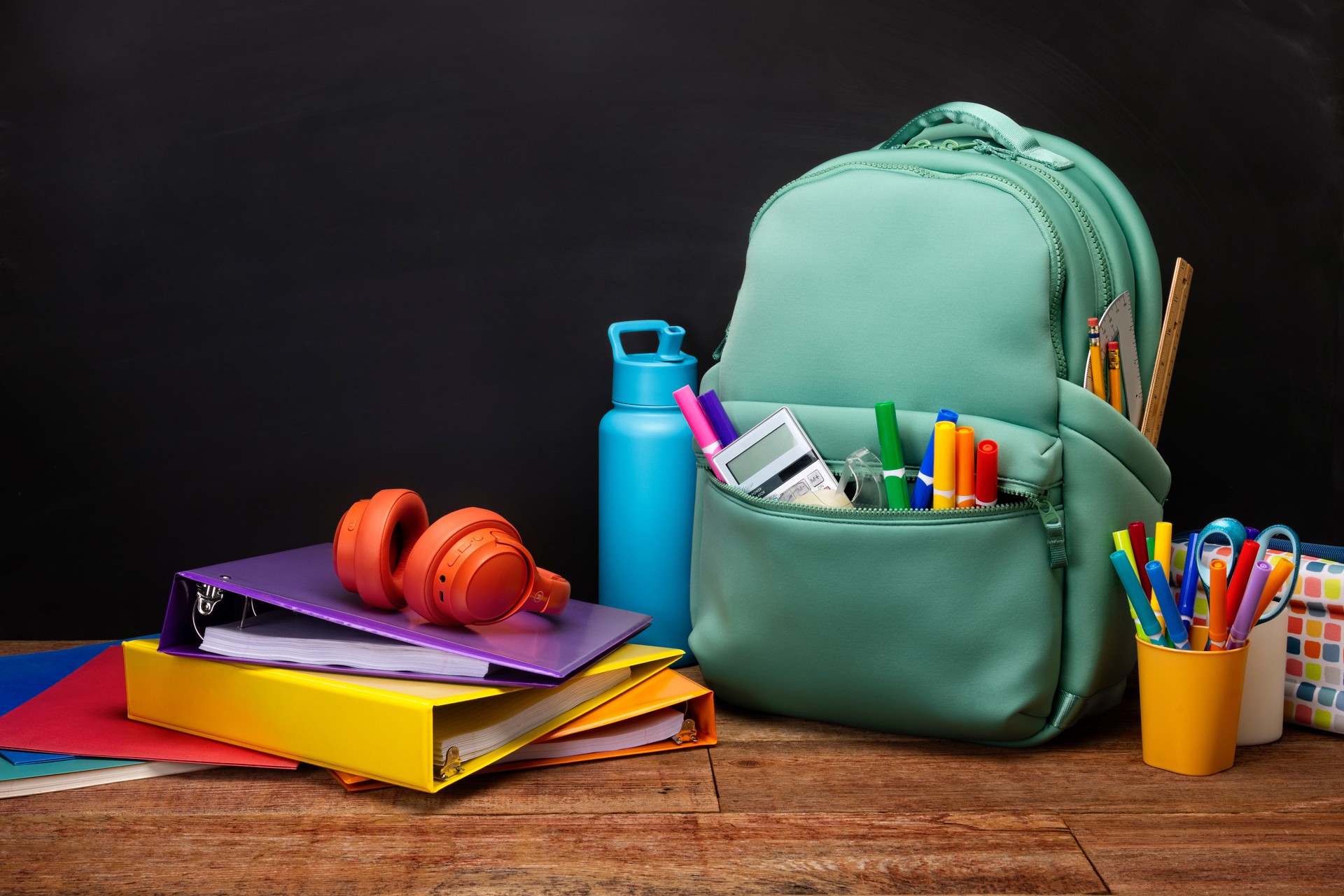 Back to School Backpack with a Black Chalkboard and Supplies